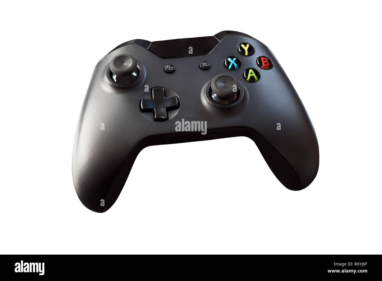 Top view of a logo free, black videogame controller isolated on white ...