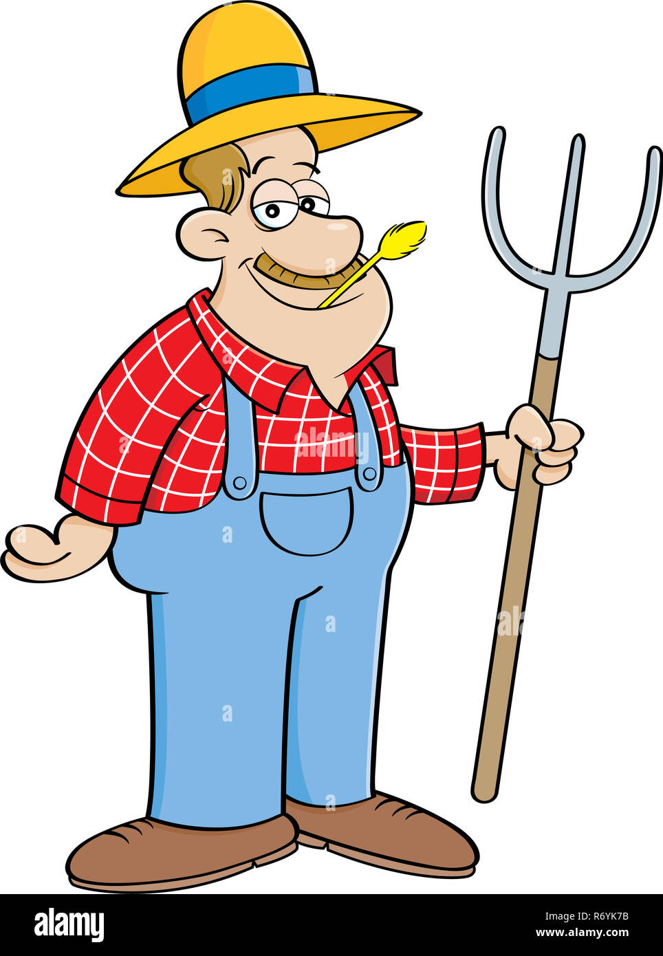 Cartoon illustration of a farmer holding a pitchfork. Stock Photo