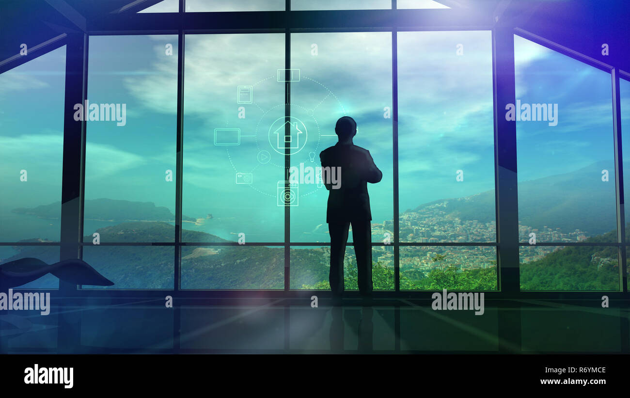 Men in the huge office in front of large windows. 3D illustration Stock Photo