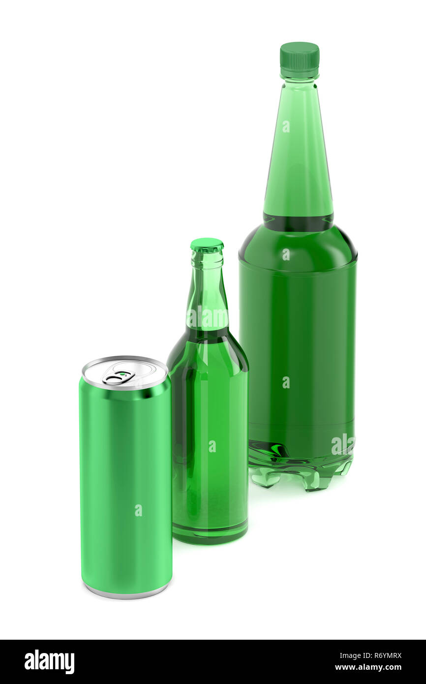 Plastic and glass beer bottles and can Stock Photo Alamy
