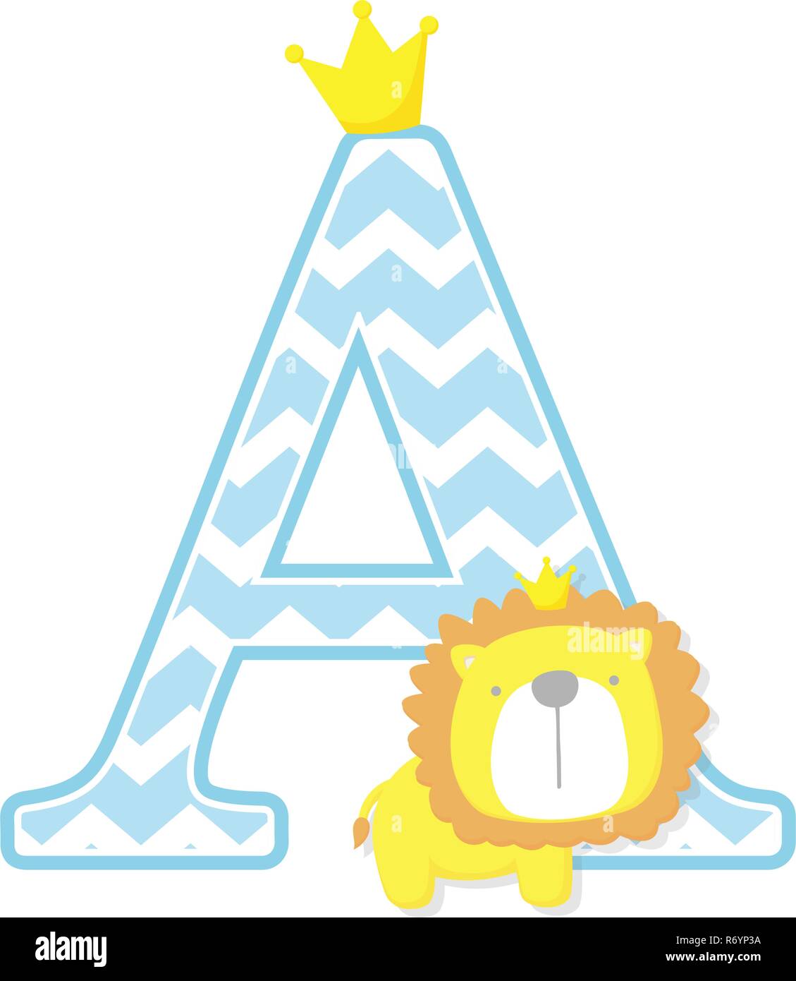 initial a with cute little lion king with golden crown isolated on