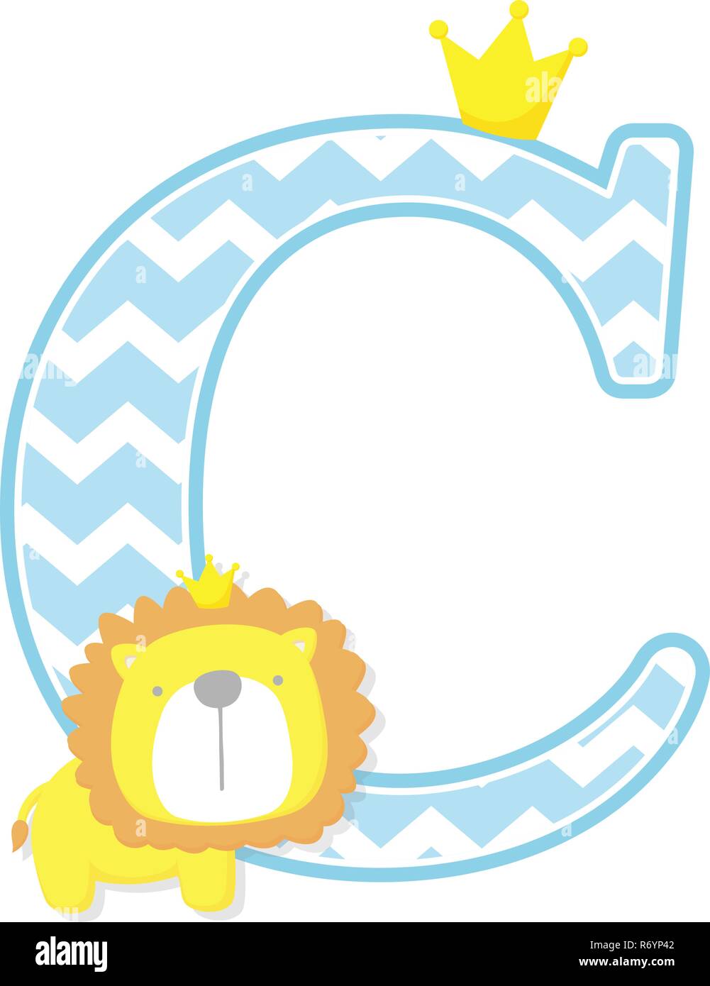 initial c with cute little lion king with golden crown isolated on