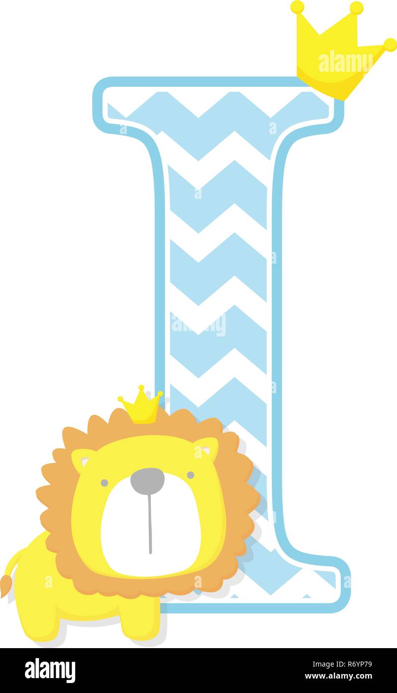 initial i with cute little lion king with golden crown isolated on