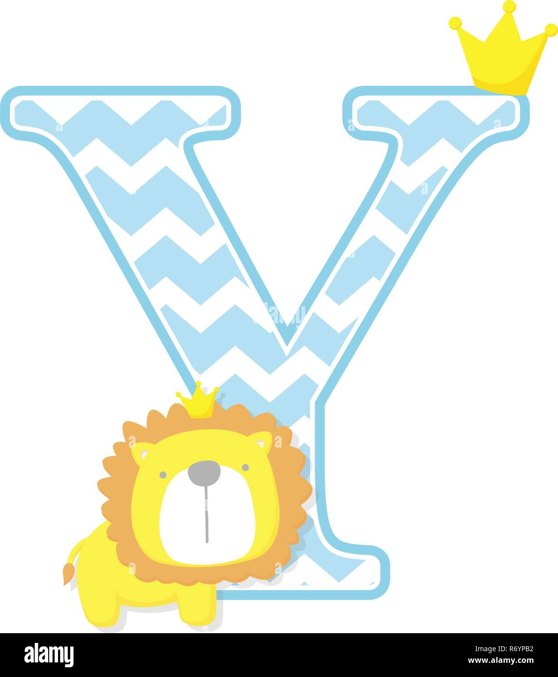 initial y with cute little lion king with golden crown isolated on