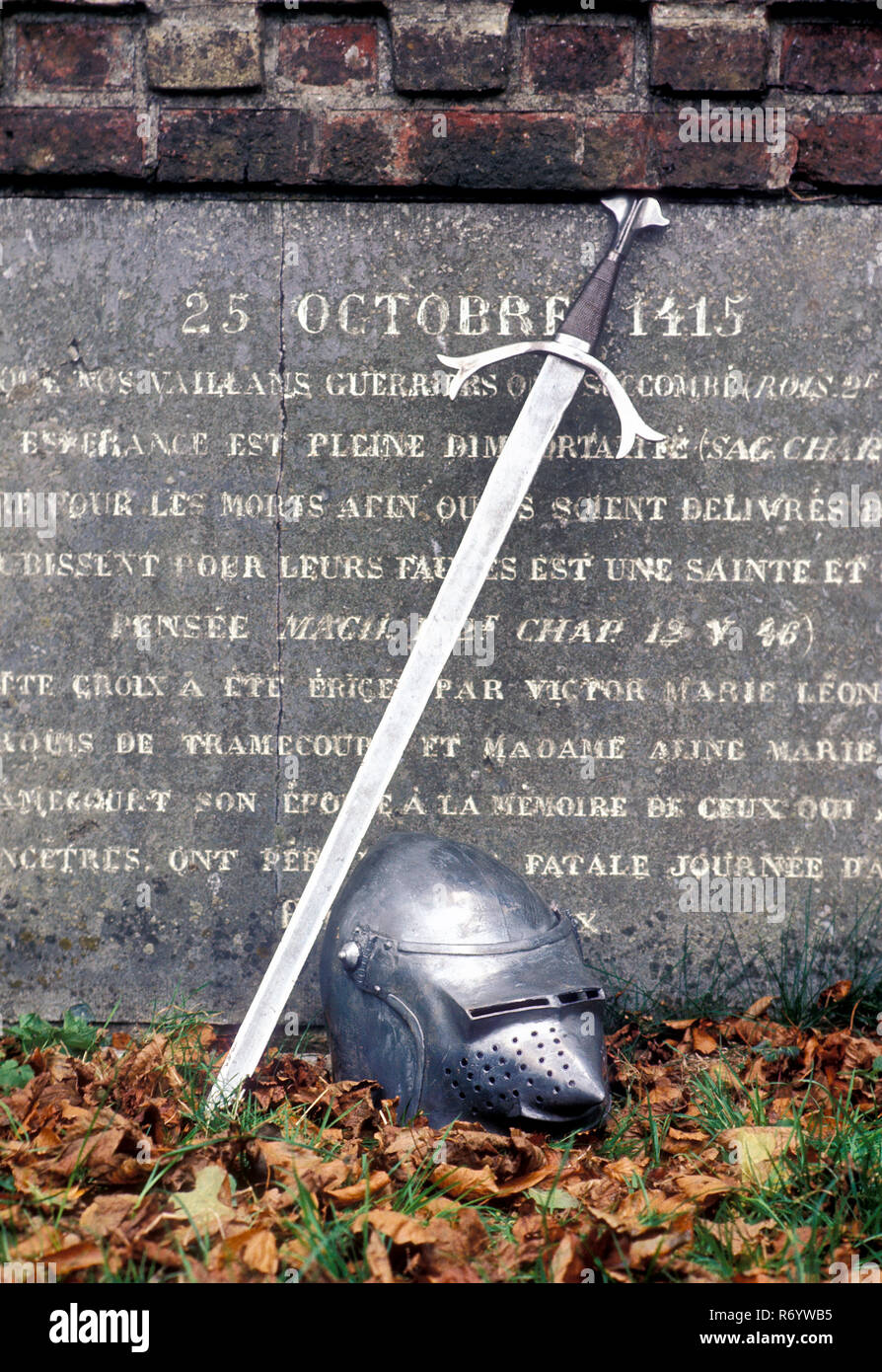 Memorial to the French knights with broad sword and helmet on the