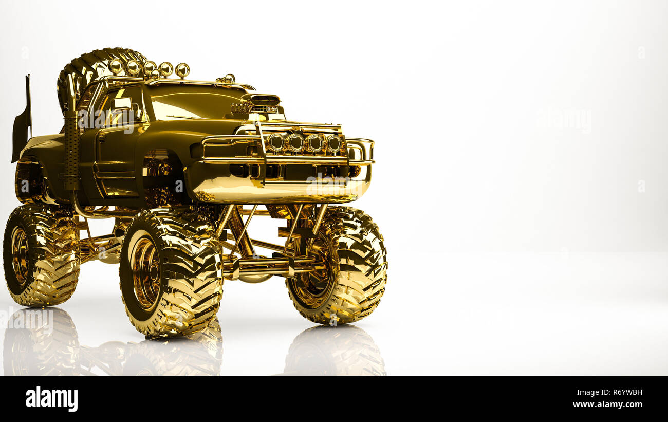golden 3d rendering of a big car inside a studio Stock Photo - Alamy