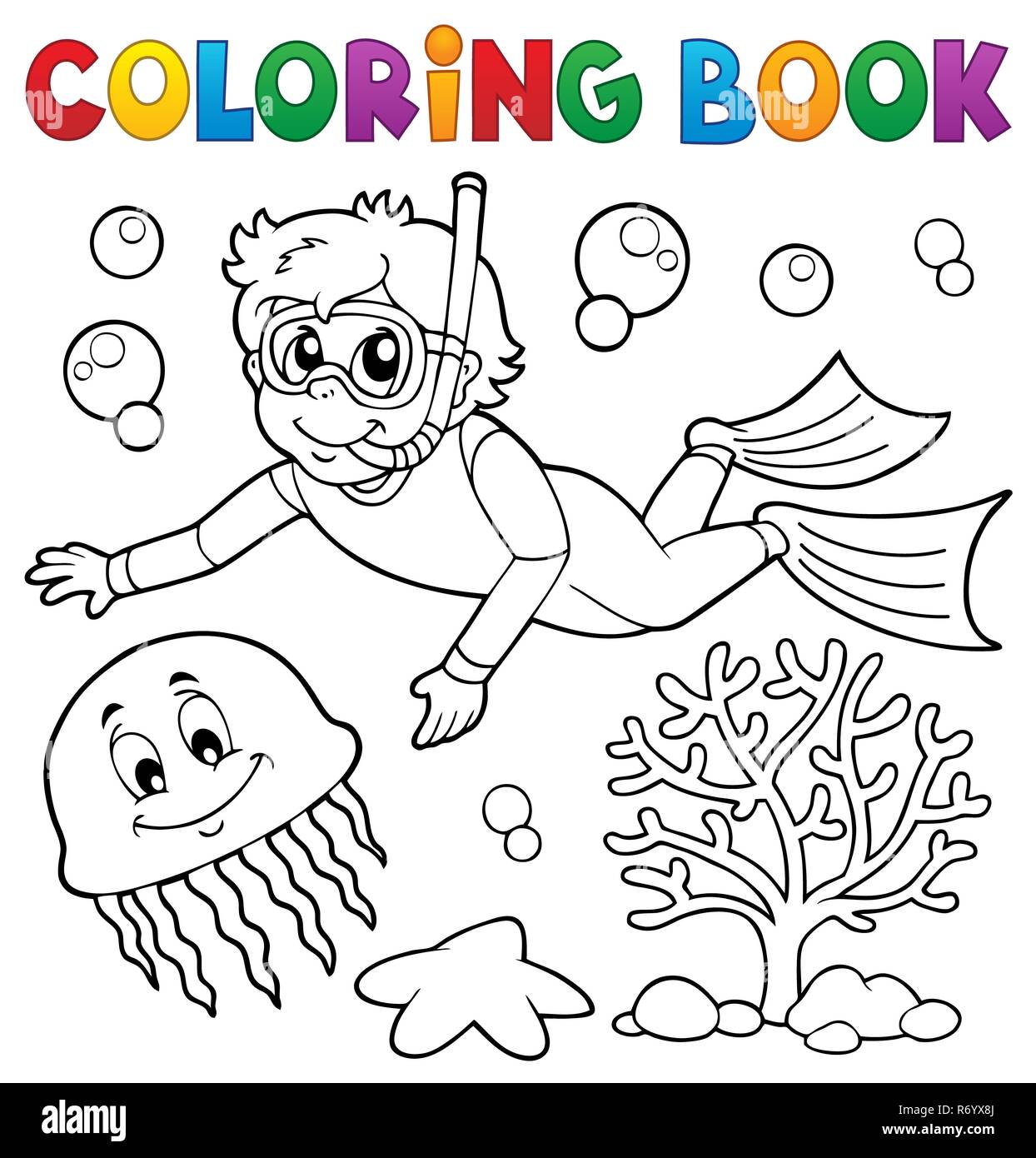 Coloring book boy snorkel diver Stock Photo