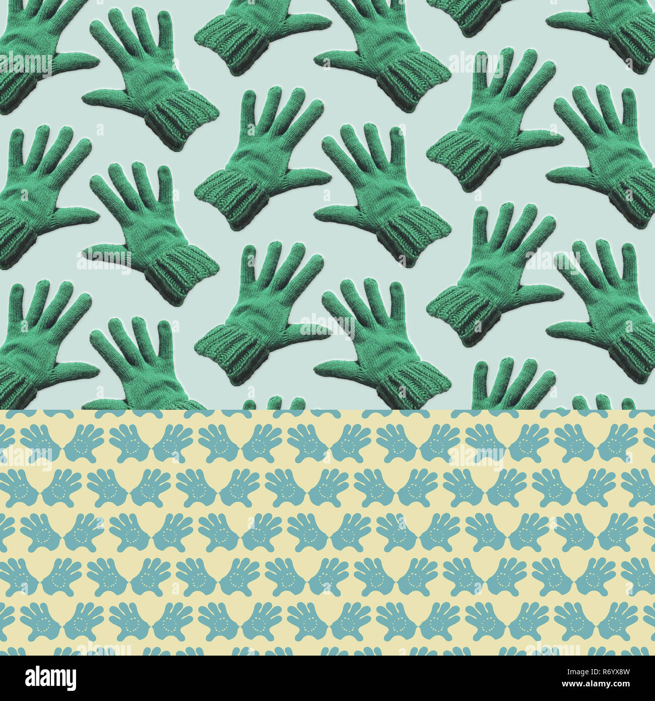 Patterned Background - Photographic Objects Collage  mixed with Hand Drawn Icons - Green Gloves Stock Photo