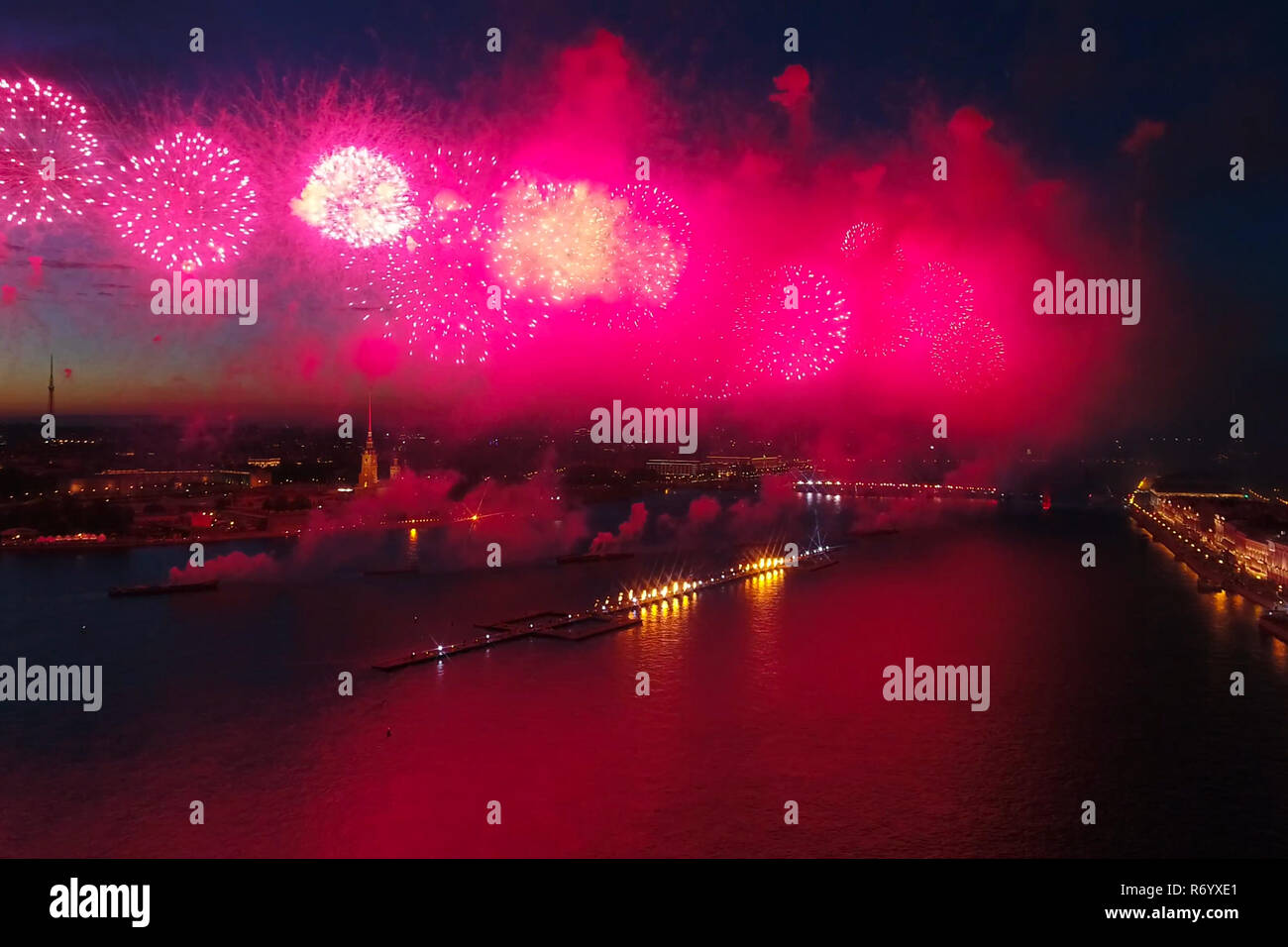 Salute Scarlet Sails. The festive salute is grandiose. Fireworks pyrotechnics Stock Photo