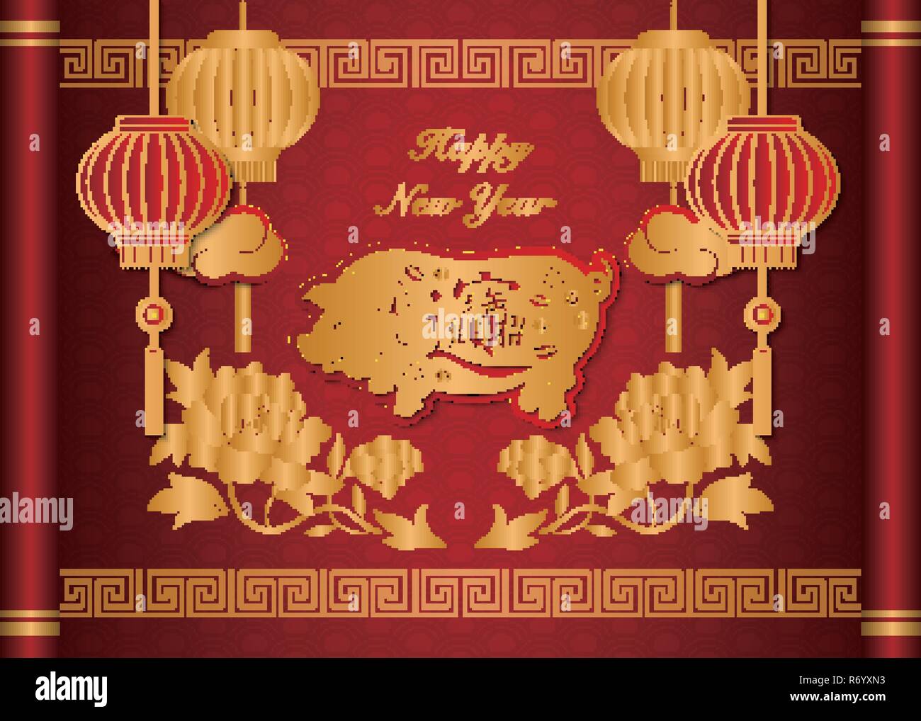 Happy Chinese new year retro gold relief peony flower pig lantern cloud ...