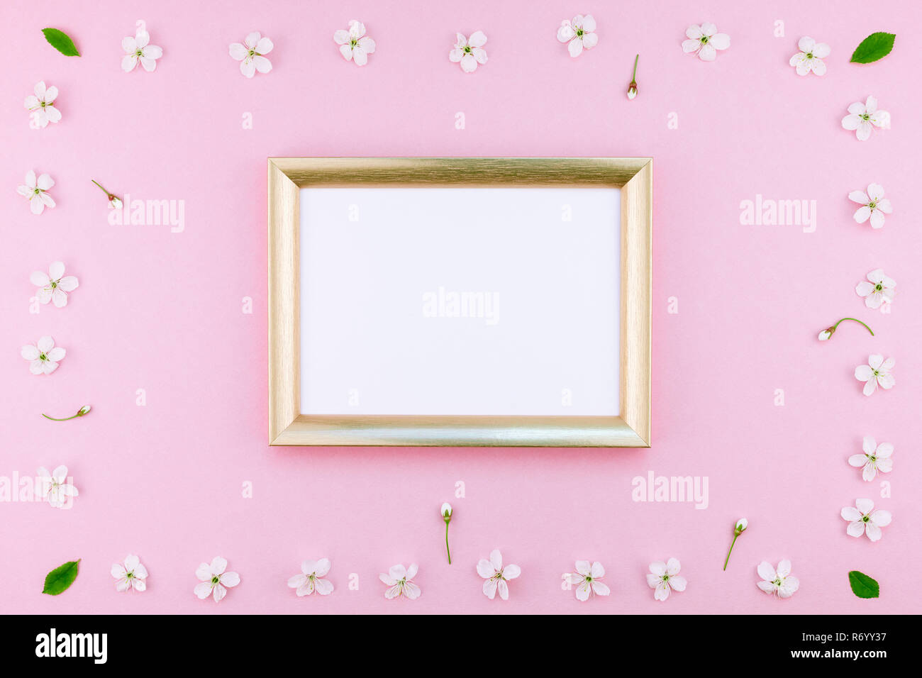 Creative flat lay concept top view of blank frame mock up and cherry ...