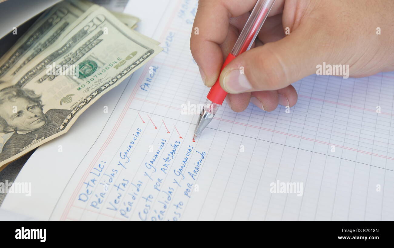 Approach to a human hand writing: LOSS AND PROFIT, SALES, COST FOR RENTAL in a ledger on table with 20 dollar bills on the book Stock Photo