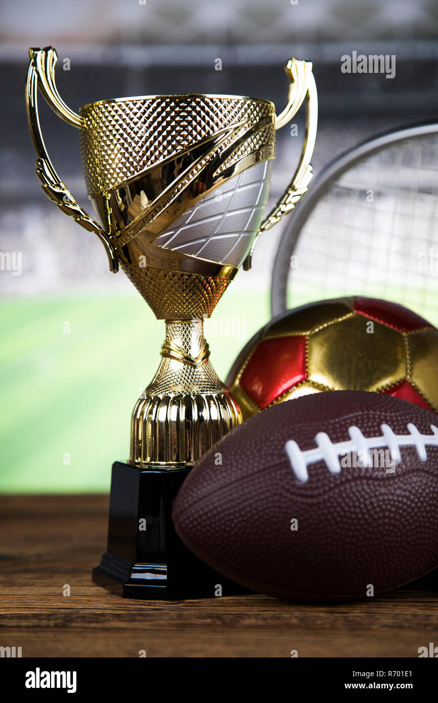 Winner trophy, Sport equipment and balls Stock Photo Alamy