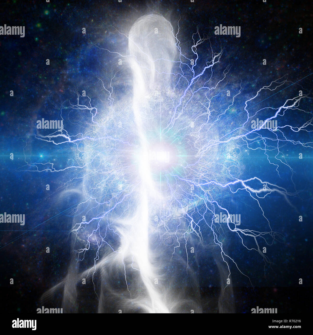 Supernova, galaxy in eye shape. Lightnings. Stock Photo