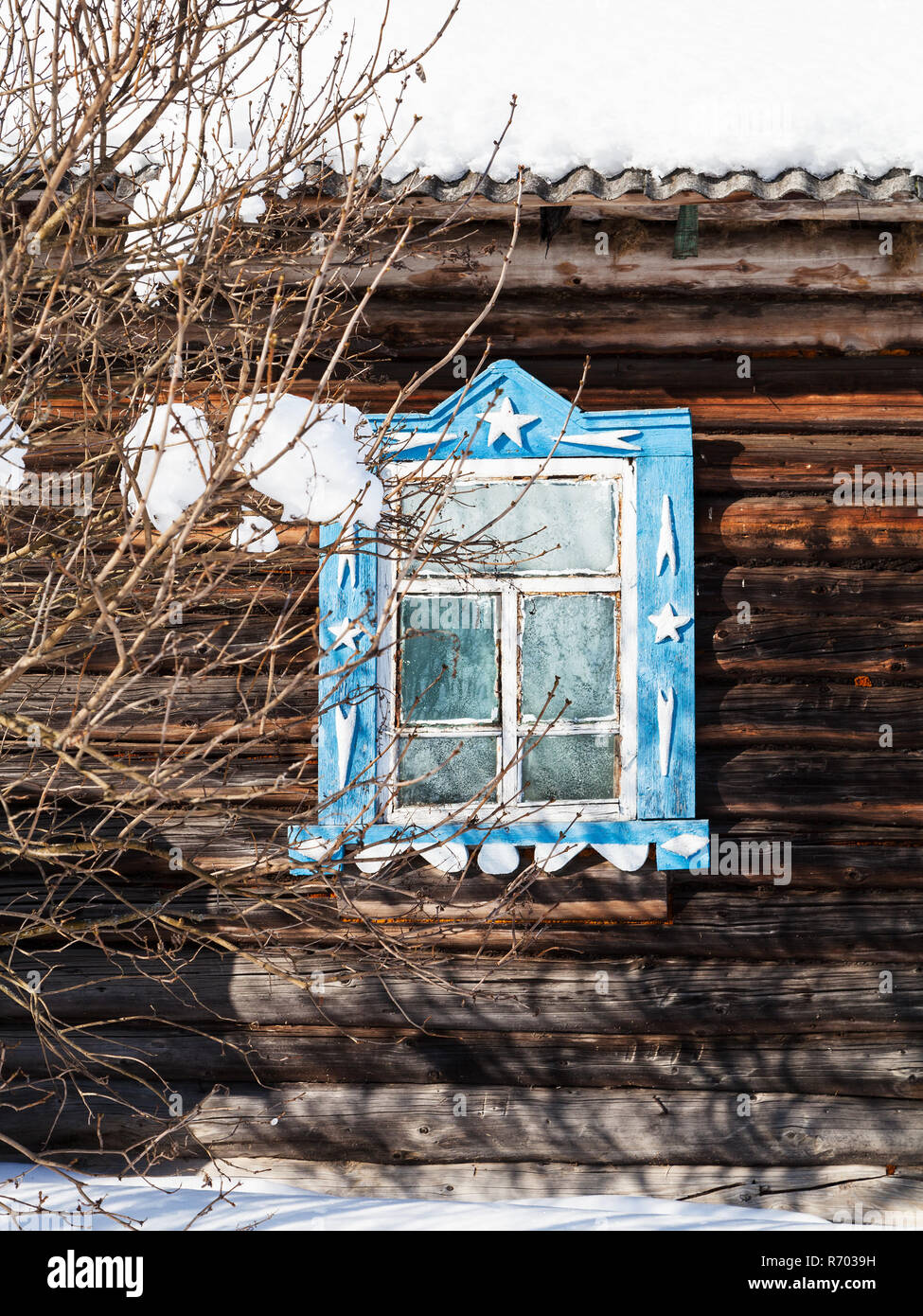 carved window in wooden wall of old rural house Stock Photo - Alamy