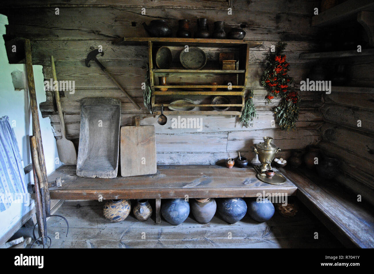 Museum of Wooden Architecture and Peasant Life -  Interior of an ancient Russian wooden house. Suzdal Stock Photo