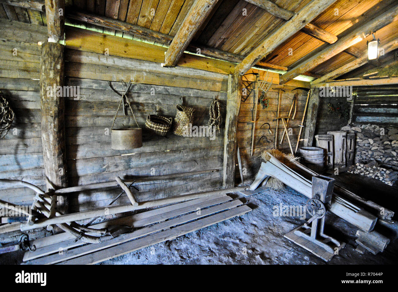 Museum of Wooden Architecture and Peasant Life - Interior of an ancient Russian wooden house. Suzdal Stock Photo