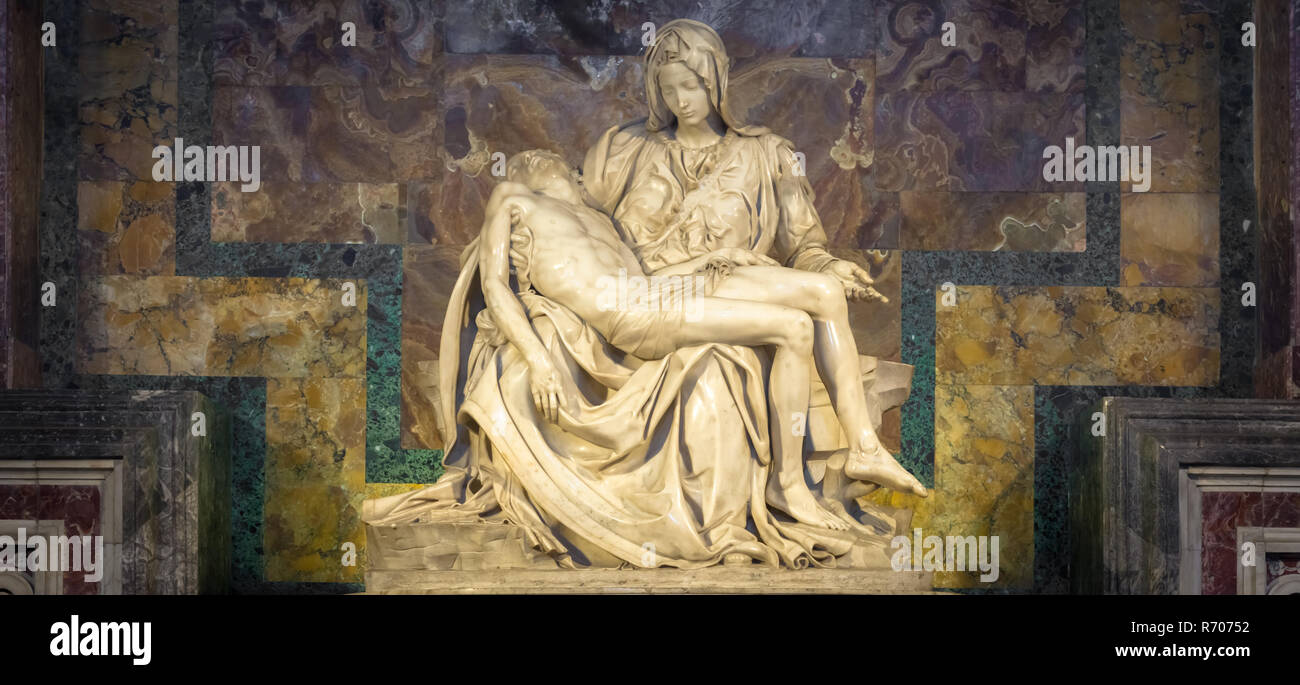 ROME, VATICAN STATE - August 28, 2018: Pietà di Michelangelo (The Pity), 1498-1499, located in St. Peter Basilica in Rome Stock Photo