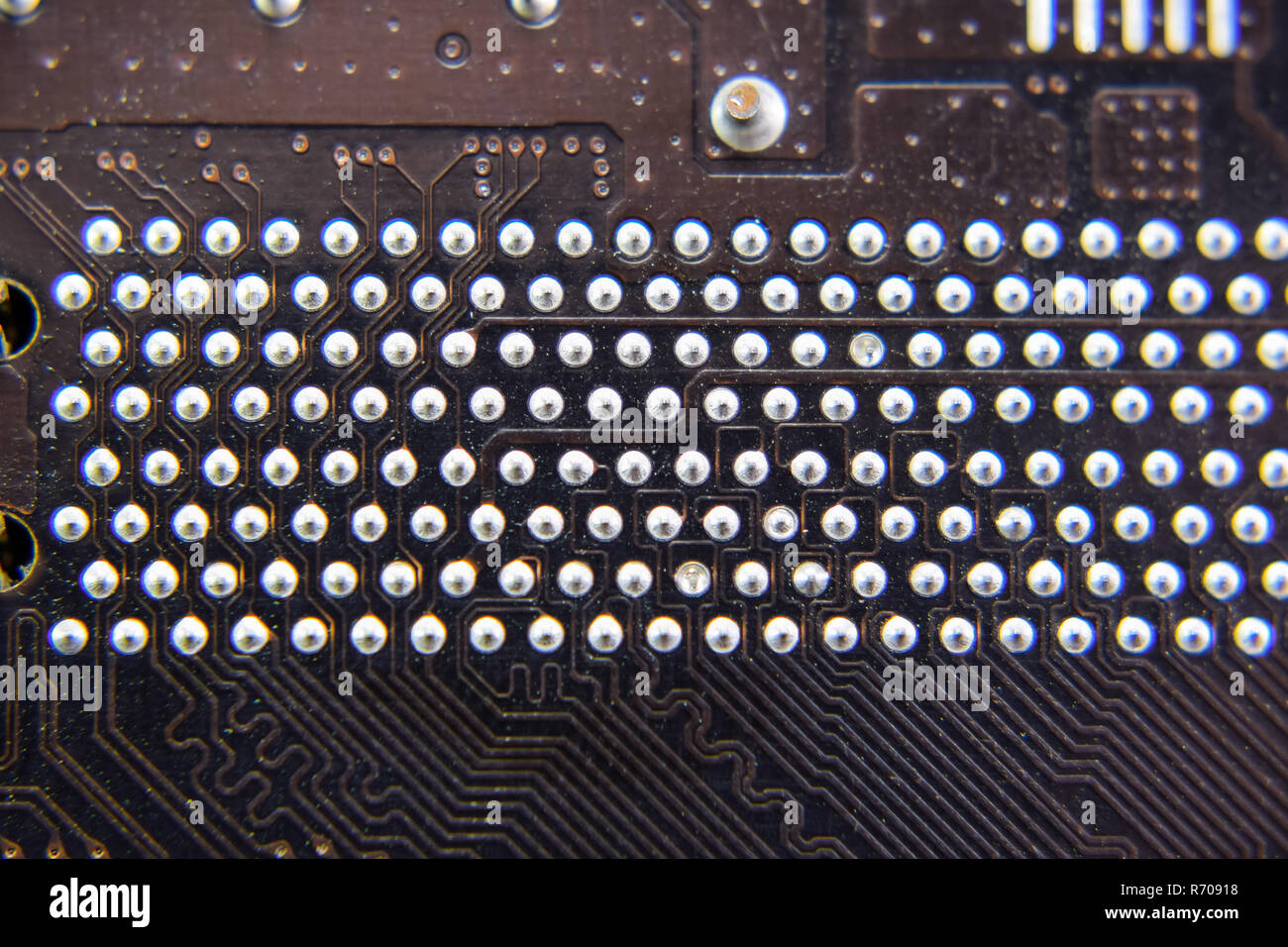 The reverse side of the microboard. Contacts solder. Soldered parts. Electronic board with