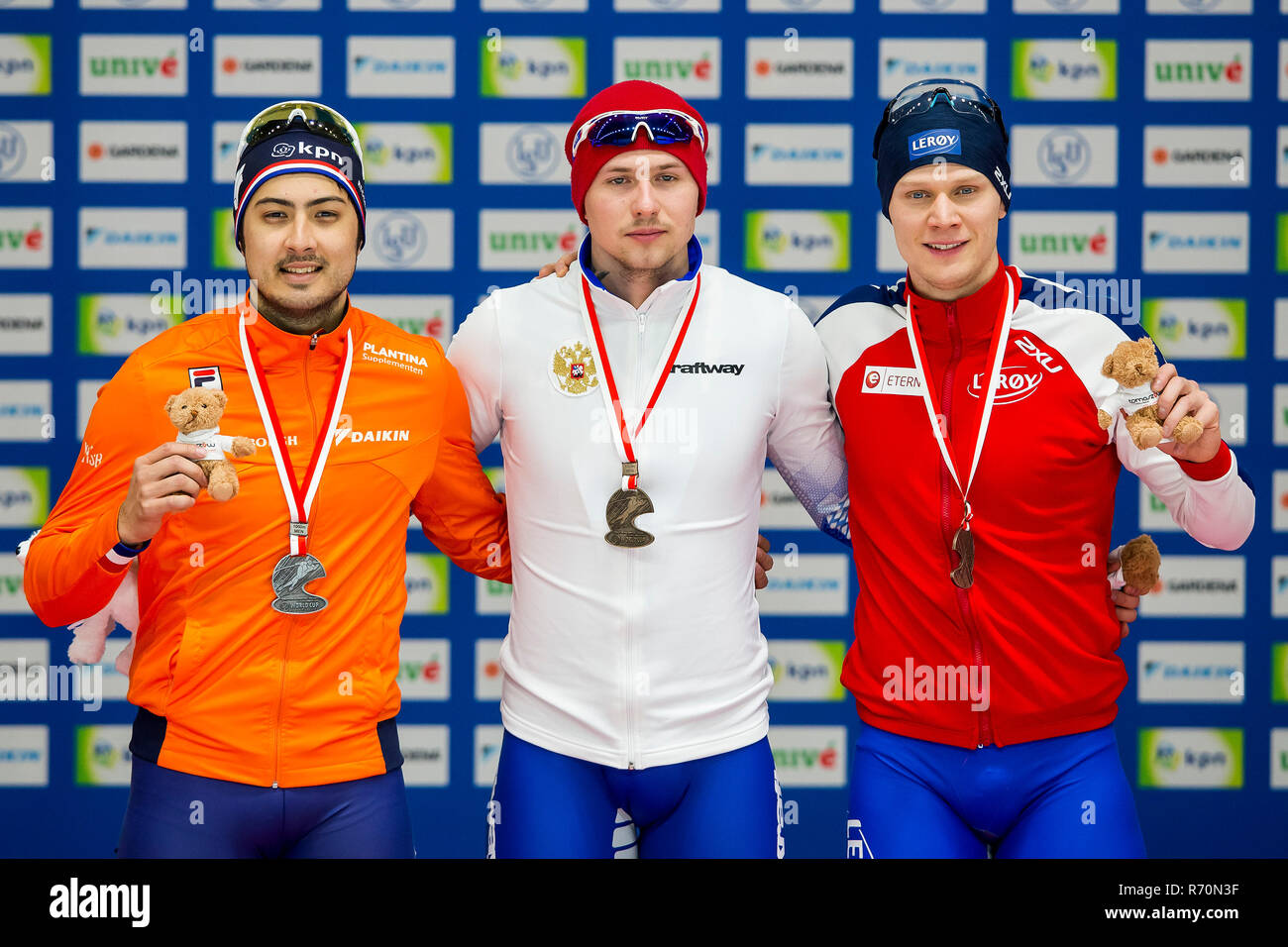 TOMASZOW MAZOWIECKI, Arena Lodowa, 07-12-2018 , season 2018 / 2019 , ISU World Cup Speedskating. 1000m men Division A, medal ceremony Kai Verbij (L), Pavel Kulizhnikov (m), HŒvard Holmefjord Lorentzen (r)    during Worldcup Tomaszow 7 December Stock Photo