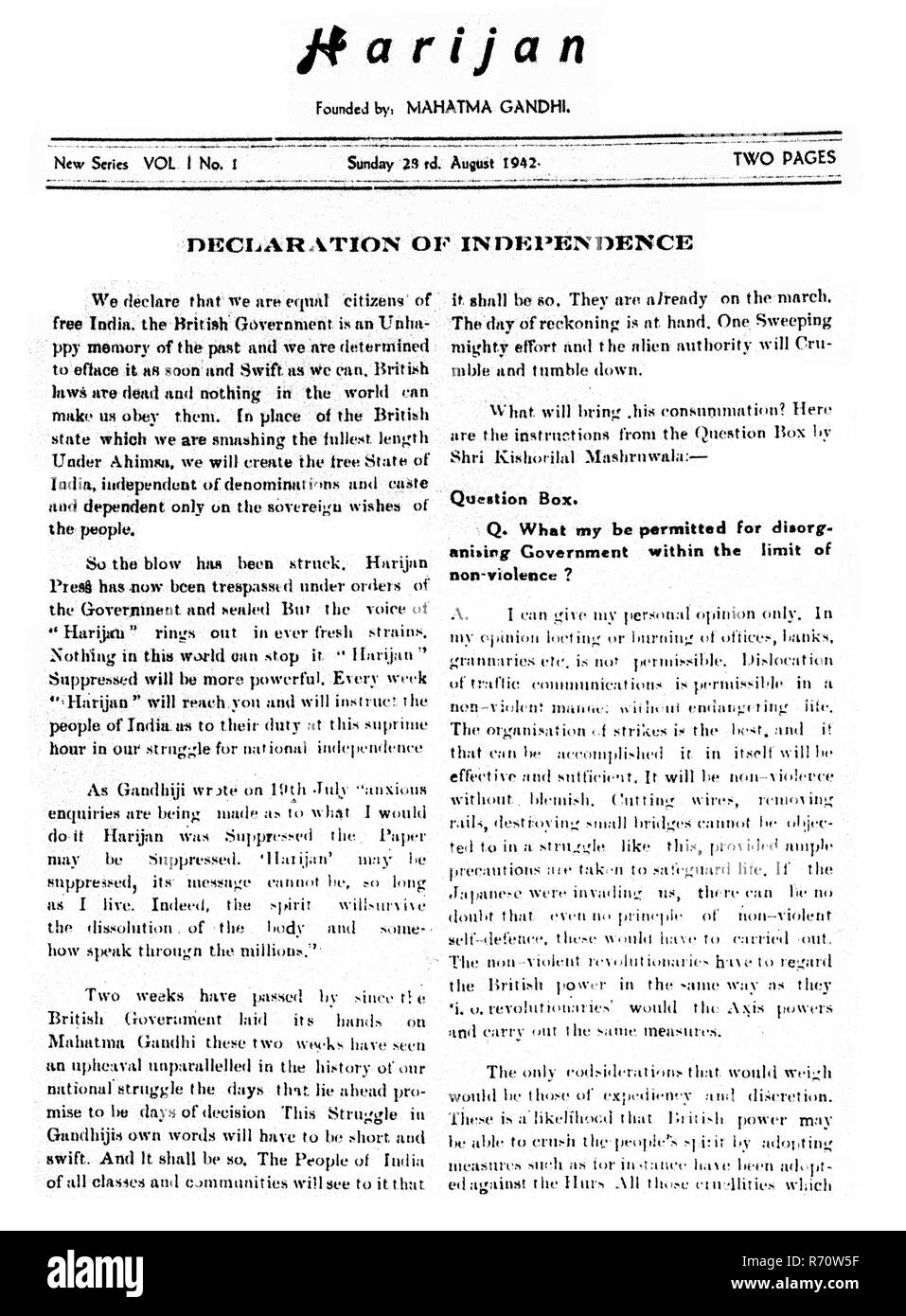 Mahatma Gandhi newsletter front page of Harijan, Declaration of Independence, India, August 23, 1942, old vintage 1900s picture Stock Photo