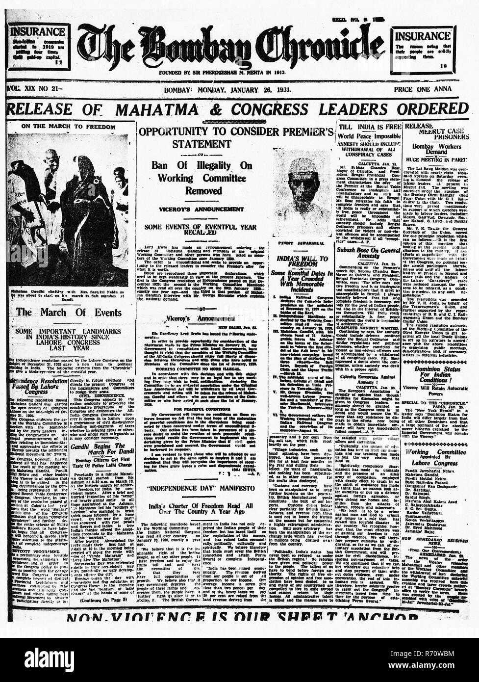 Mahatma Gandhi news on front page of The Bombay Chronicle newspaper, Bombay, Mumbai, India, January 26, 1931, old vintage 1900s picture Stock Photo