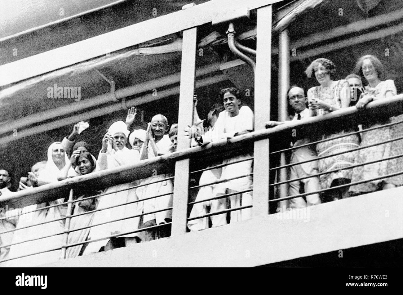 Mahatma Gandhi bidding farewell with folded hands to his countrymen on SS Rajputana, British passenger ship, Bombay, Mumbai, Maharashtra, India, August 29, 1931, old vintage 1900s picture Stock Photo