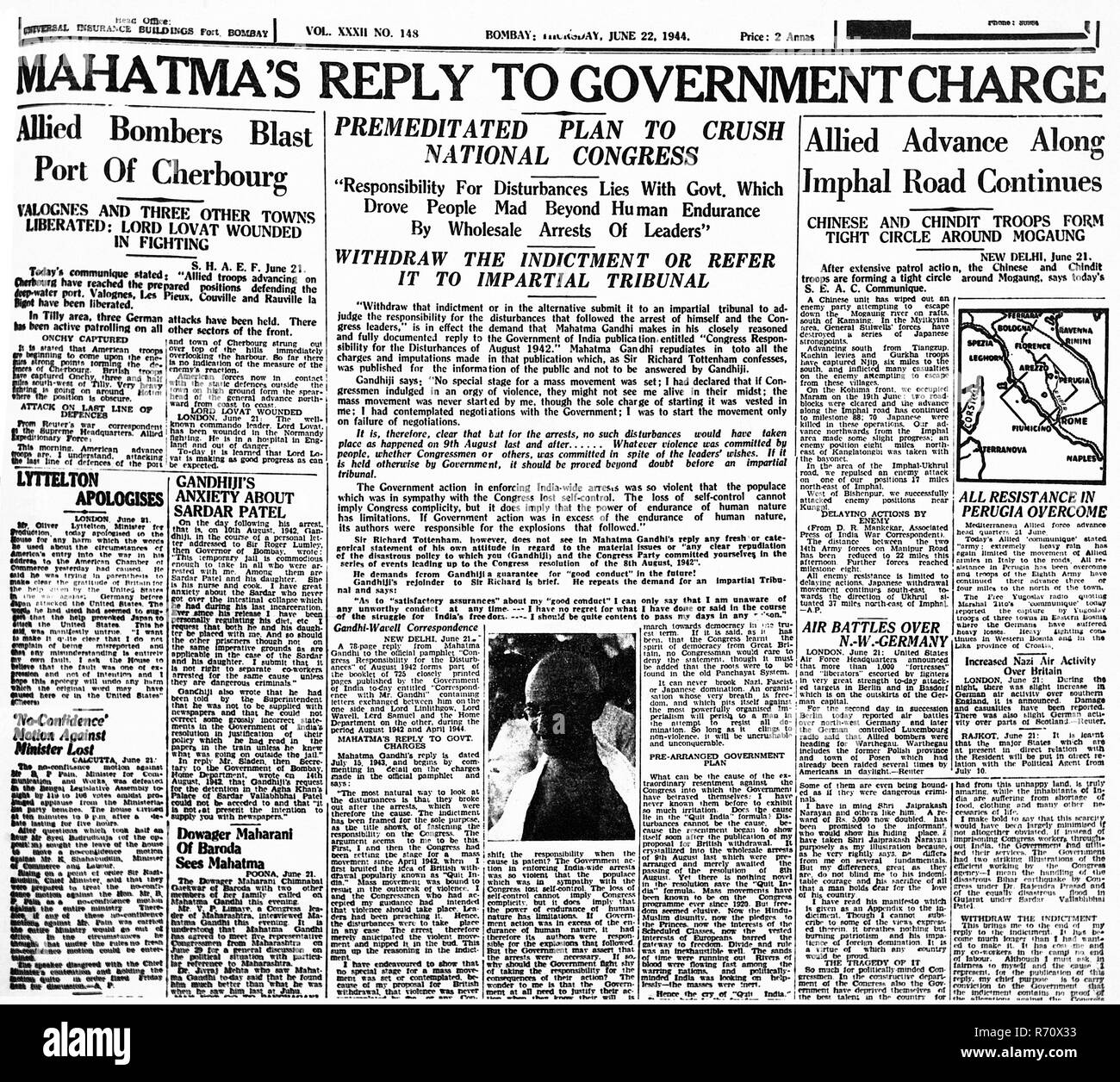 Mahatma Gandhi news on front page of a Bombay Mumbai newspaper, India, June 22, 1944, old vintage 1900s picture Stock Photo