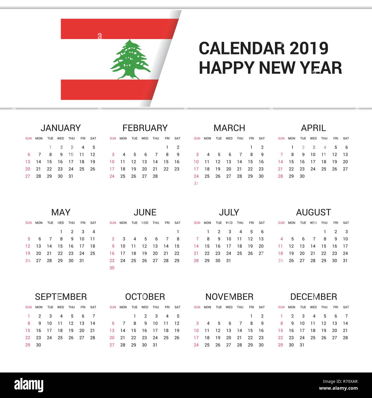 Calendar 2019 Lebanon Flag background. English language Stock Vector