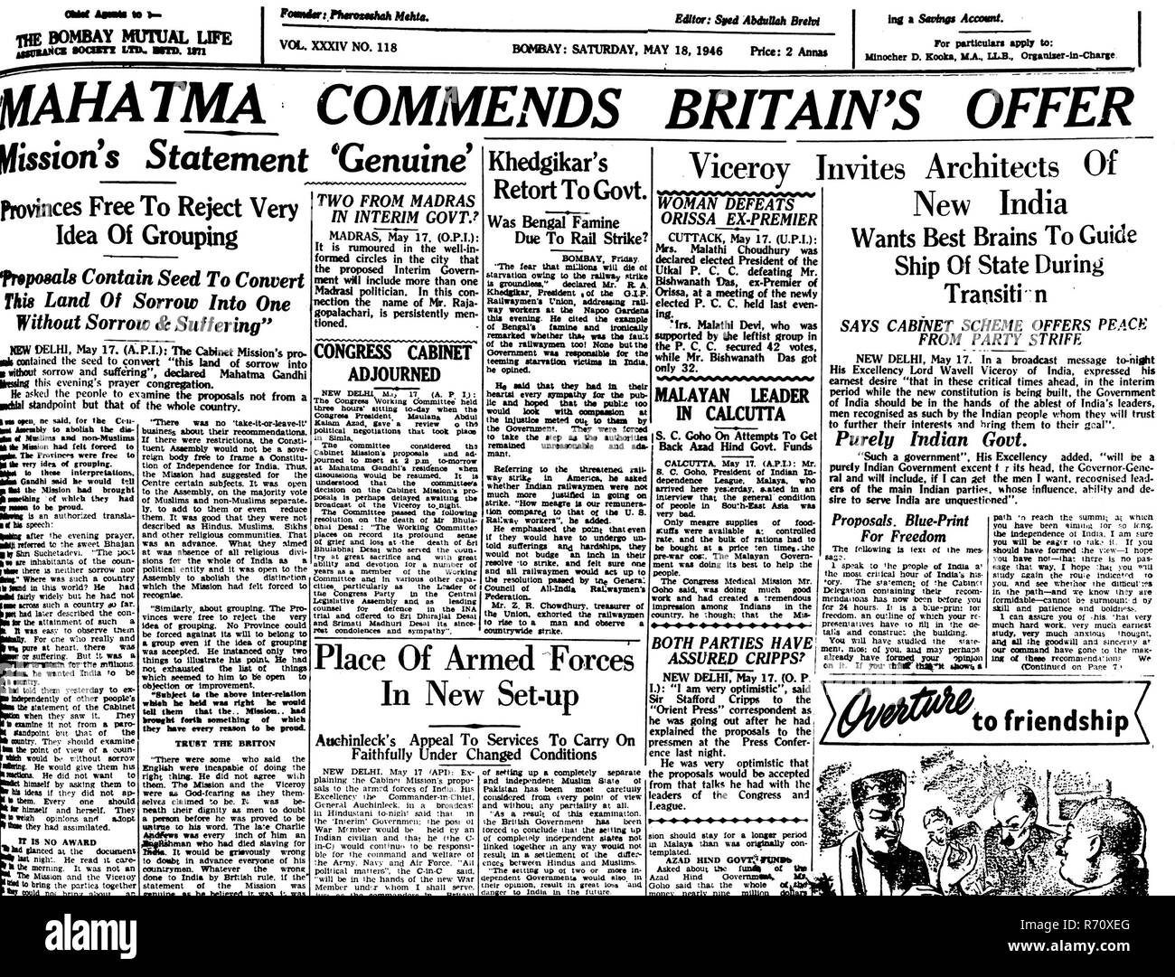 Mahatma Gandhi news on Front page of Bombay Mumbai paper, India, May 18, 1946, old vintage 1900s picture Stock Photo
