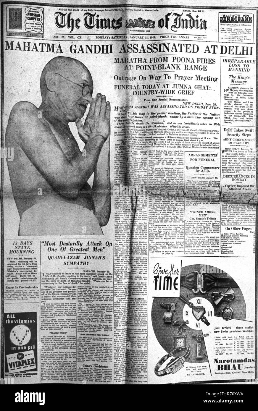 Mahatma Gandhi assassinated, Times of India newspaper, first page, Bombay, India, January 31, 1948, old vintage 1900s picture Stock Photo