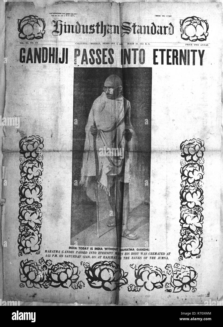 Mahatma Gandhi assassinated, Hindustan Standard newspaper, first page, India, 31 January 1948, old vintage 1900s picture Stock Photo