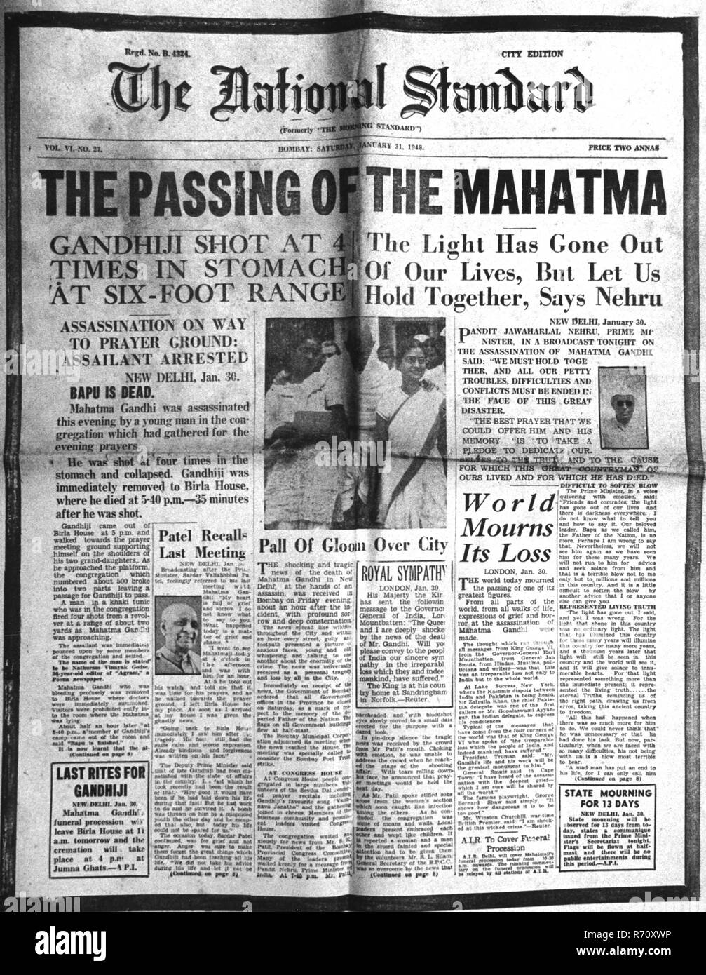 Mahatma Gandhi assassinated, The National Standard newspaper, First page, 31 January 1948, old vintage 1900s picture Stock Photo