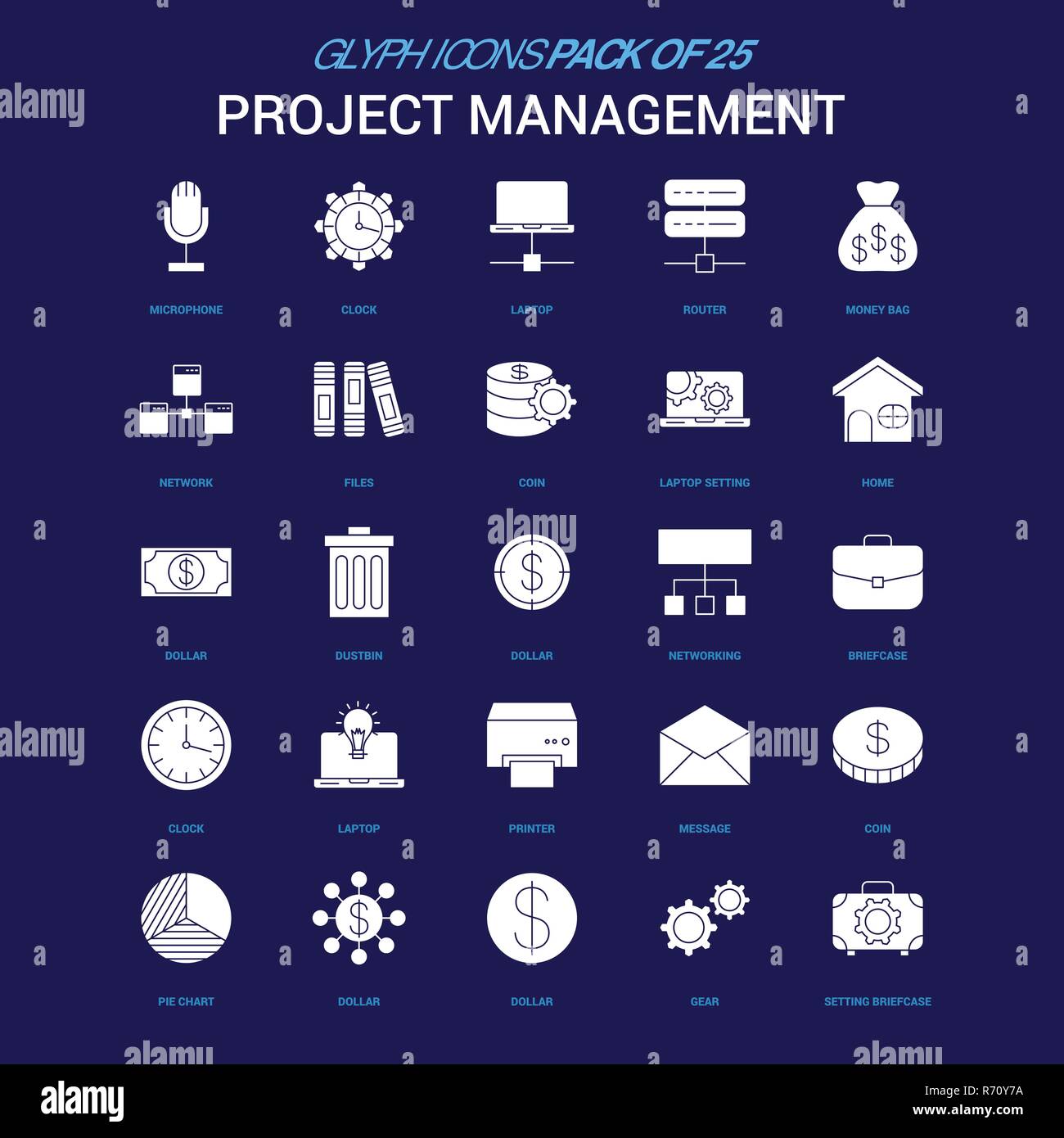Project Management White icon over Blue background. 25 Icon Pack Stock