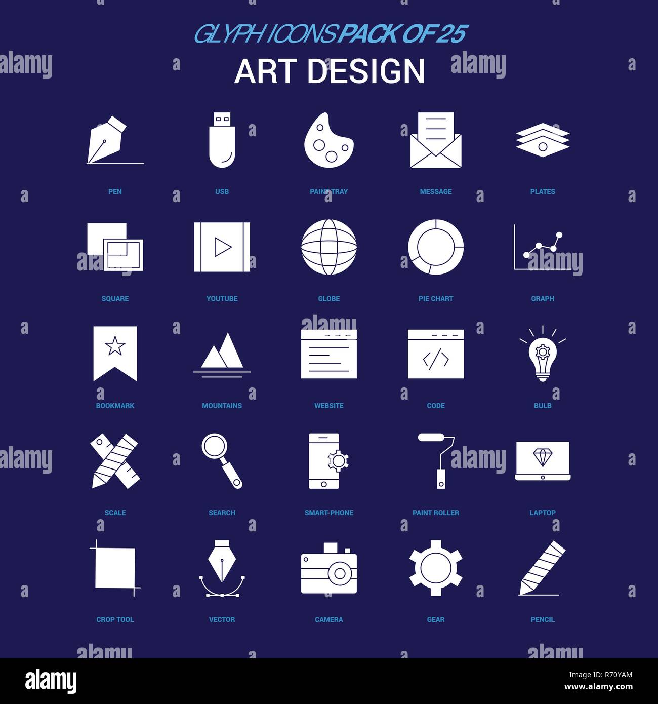 Art Design White icon over Blue background. 25 Icon Pack Stock Vector ...