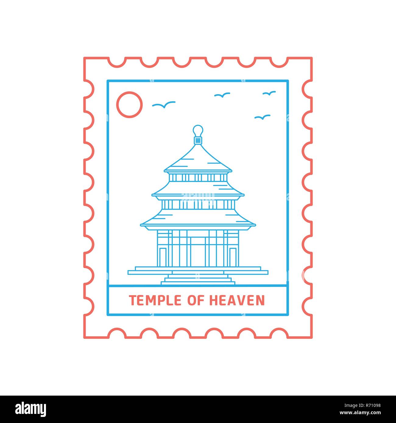 TEMPLE OF HEAVEN postage stamp Blue and red Line Style, vector illustration Stock Vector