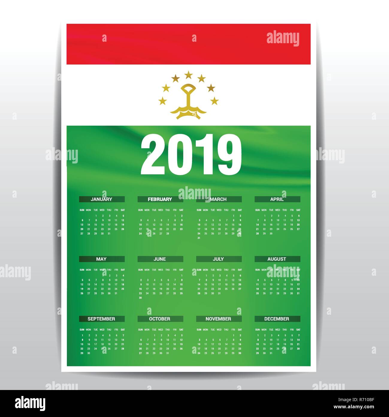 Calendar 2019 Tajikistan Flag background. English language Stock Vector