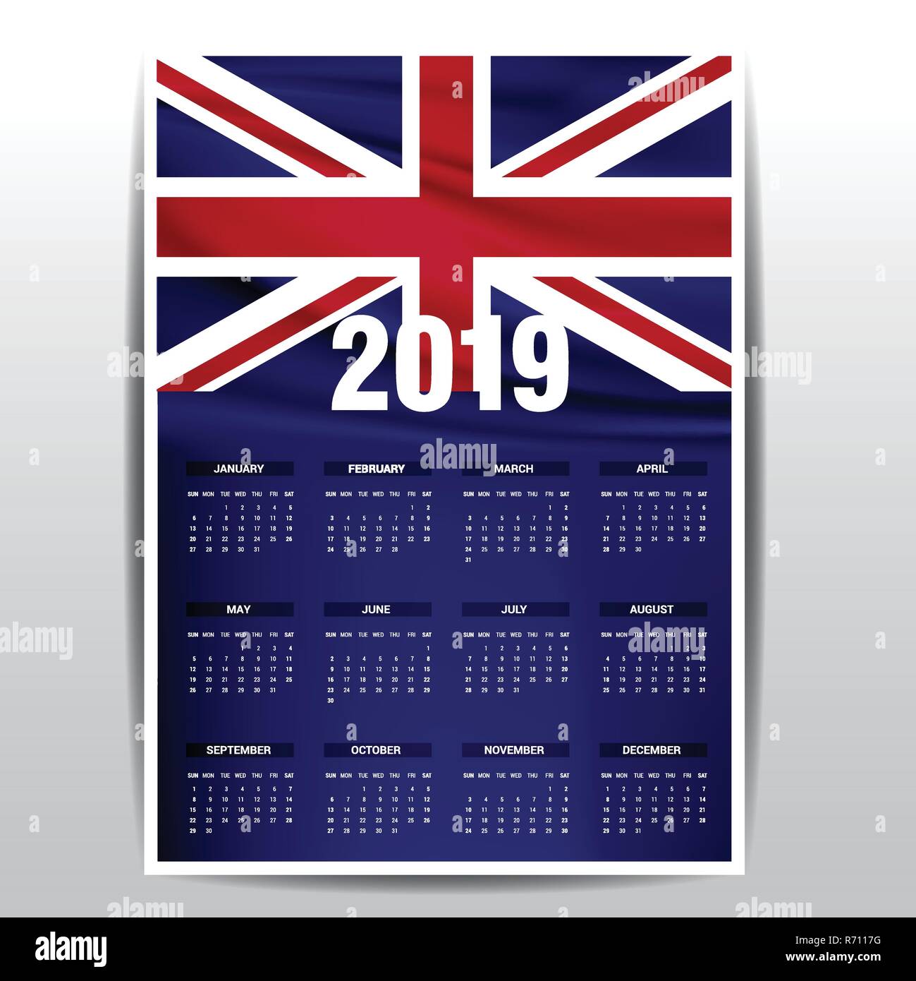 Calendar 2019 United Kingdom Flag background. English language Stock