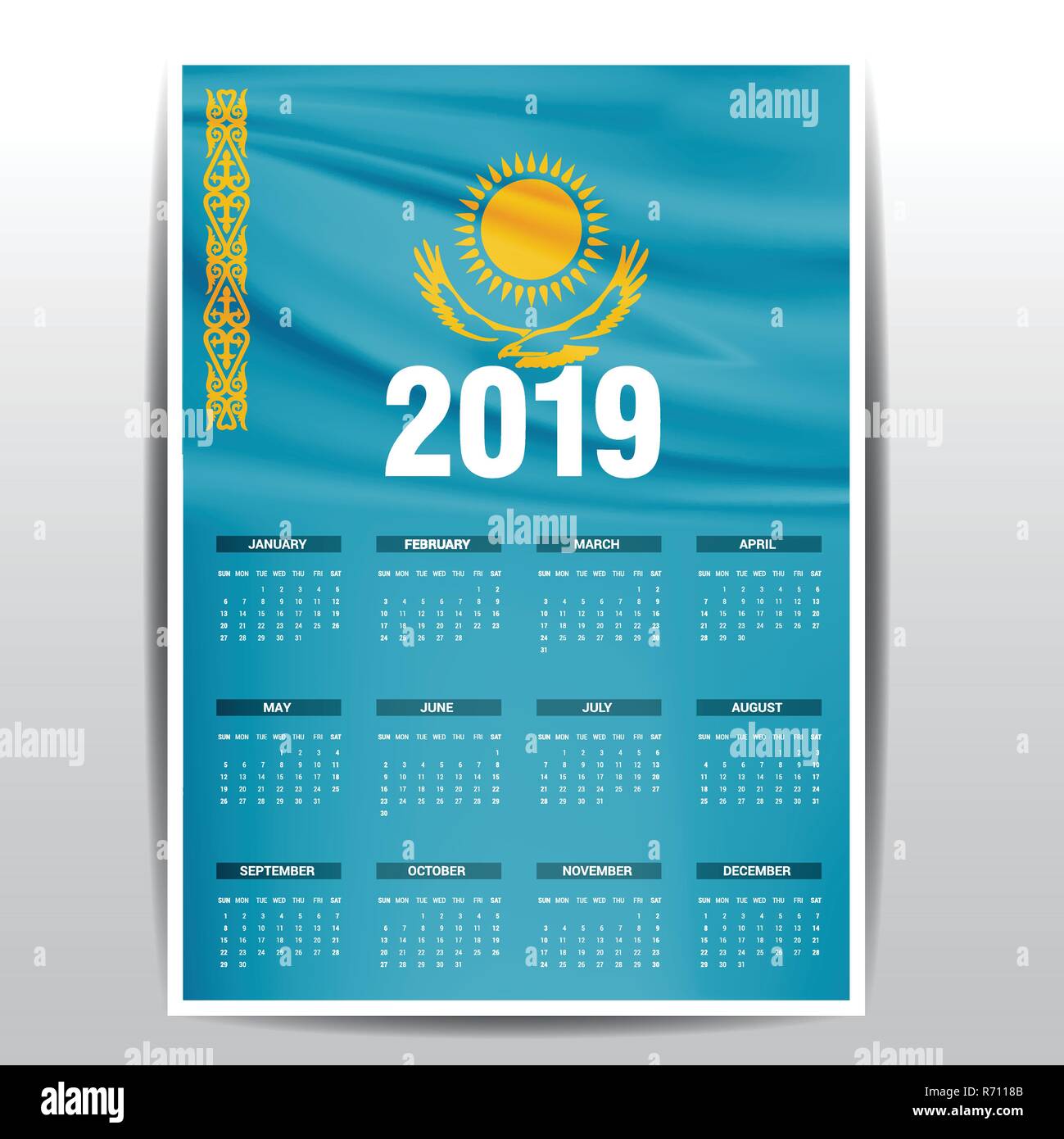 Calendar 2019 Kazakhstan Flag background. English language Stock Vector