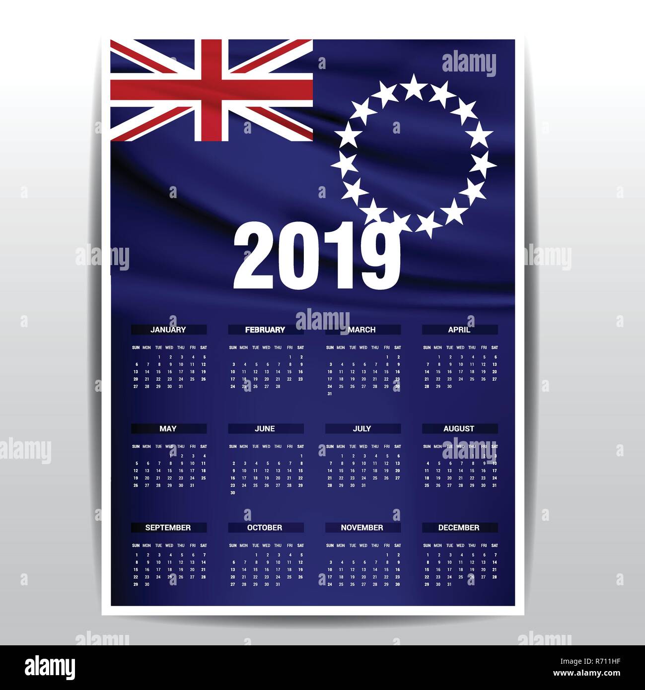 Calendar 2019 Cook Islands Flag background. English language Stock