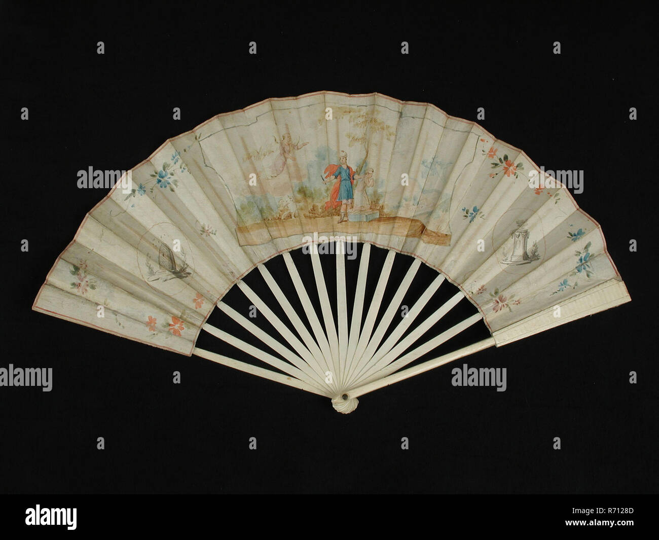 Folding fan with bone frame and multicolored painted paper cover and back cover with biblical representation, church fan folding fan impeller clothing accessory women's clothing clothes leg paper wood metal paint, rash 140 ° fan blade 13.5 hand part, support part, support part w 0.5 - 0 , 1 textile painted Folding fan with frame of non-contiguous legs of crimped bone Range leaf of paper with gouache painting back sheet of paper also with painting glued fastening. Thirteen unprocessed and undecorated inner legs with wooden supports Pin and washer cool church woman bible religion Abraham Isaak I Stock Photo