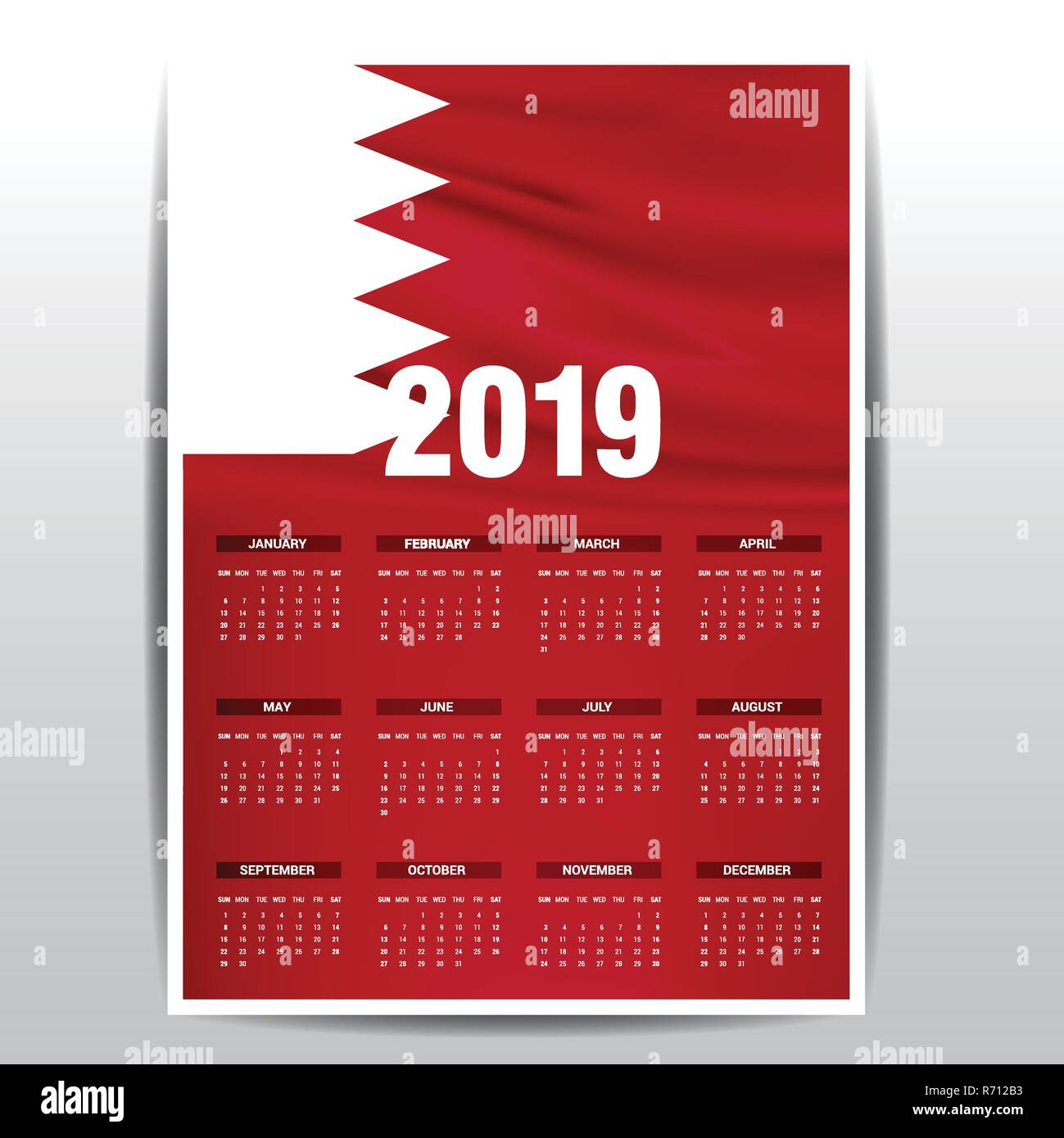 calendar-2019-bahrain-flag-background-english-language-stock-vector