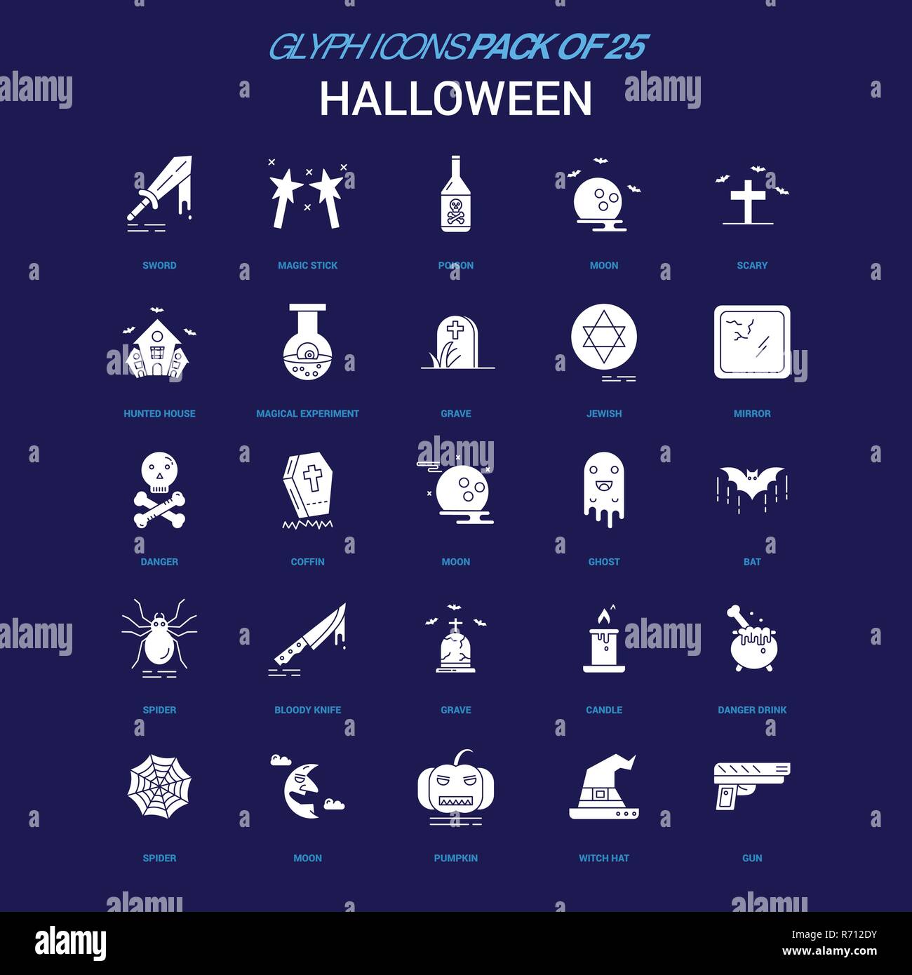 Halloween White icon over Blue background. 25 Icon Pack Stock Vector ...