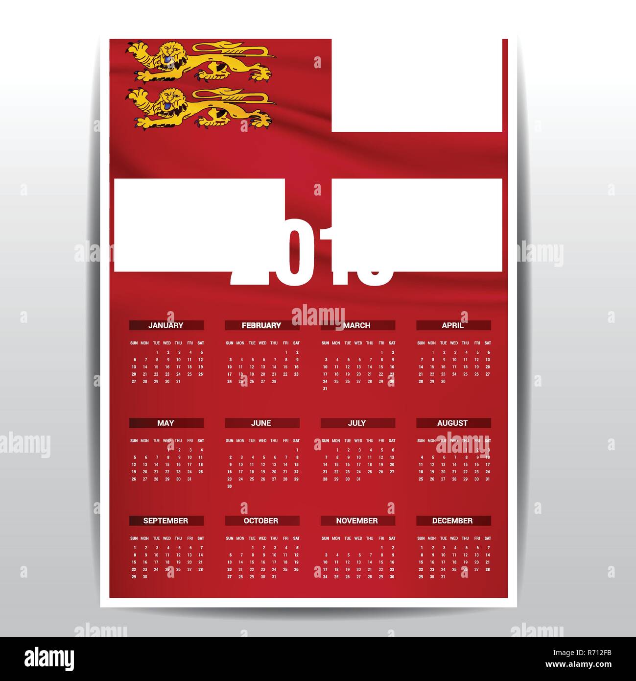 Calendar 2019 Sark Flag background. English language Stock Vector Image