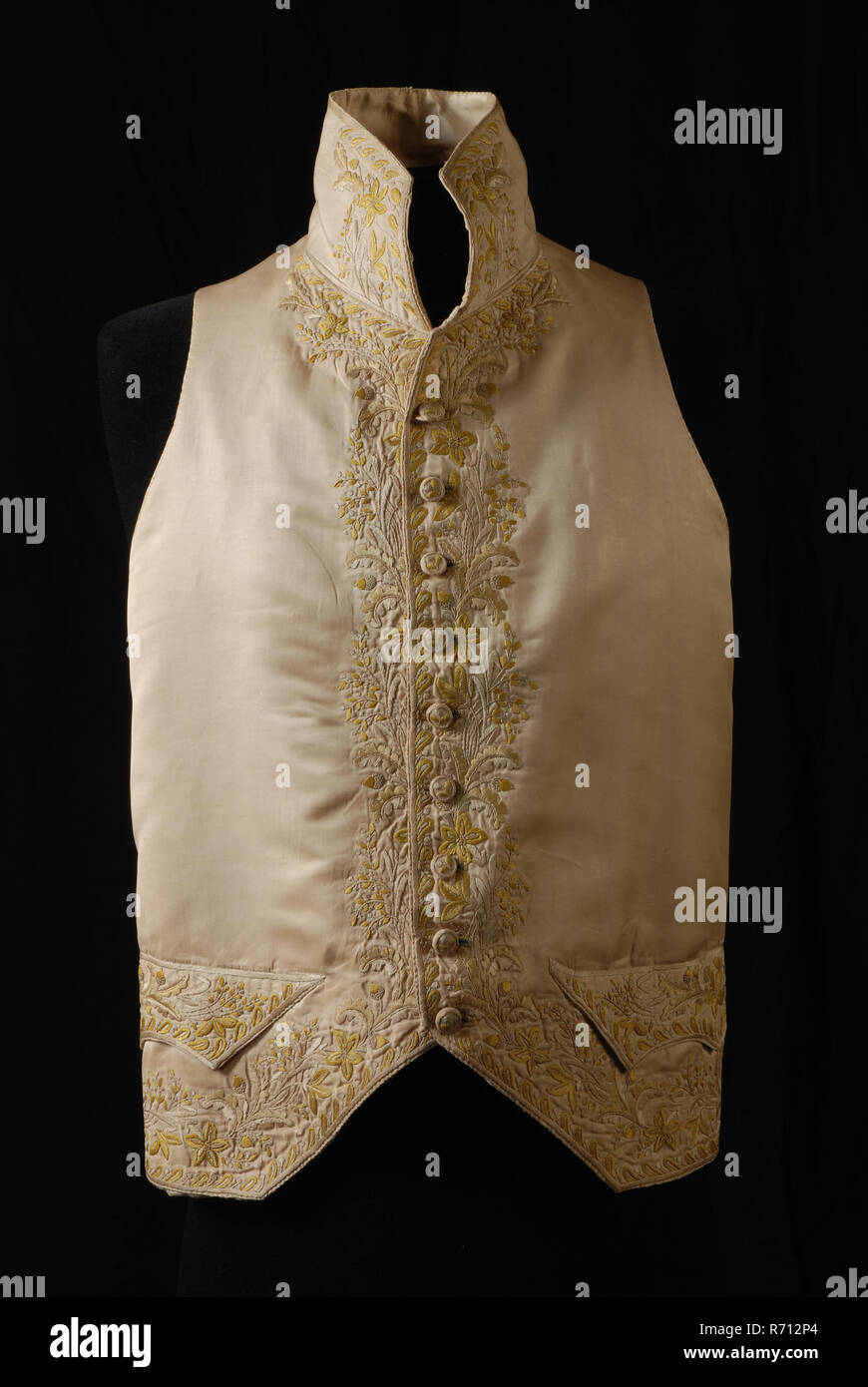 Vest, embroidered with flowers, tendrils and borders, vest outerwear work  clothing men's clothing clothing silk linen, Textile embroided Vest  belonging to the stile sock (1) fronts of cream silk embroided flower and