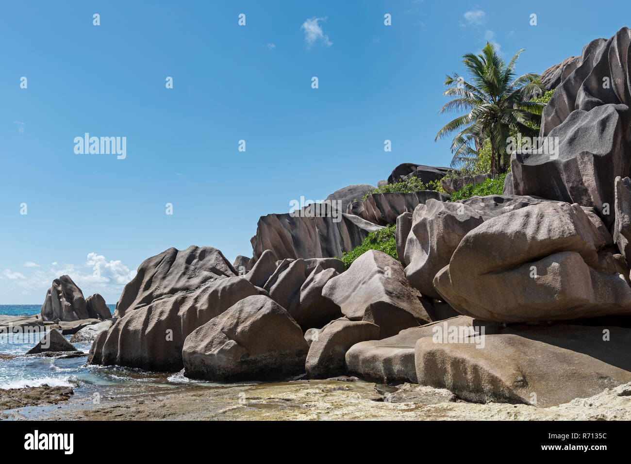 Grand Anse beach with granite rocks, La Digue, Seychelles Stock Photo