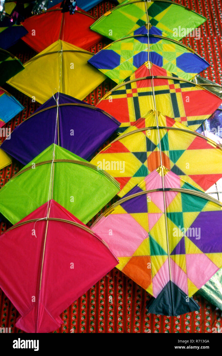 close ups of colourful Kites in Makara Sankranti Festival, baroda, gujarat, india Stock Photo