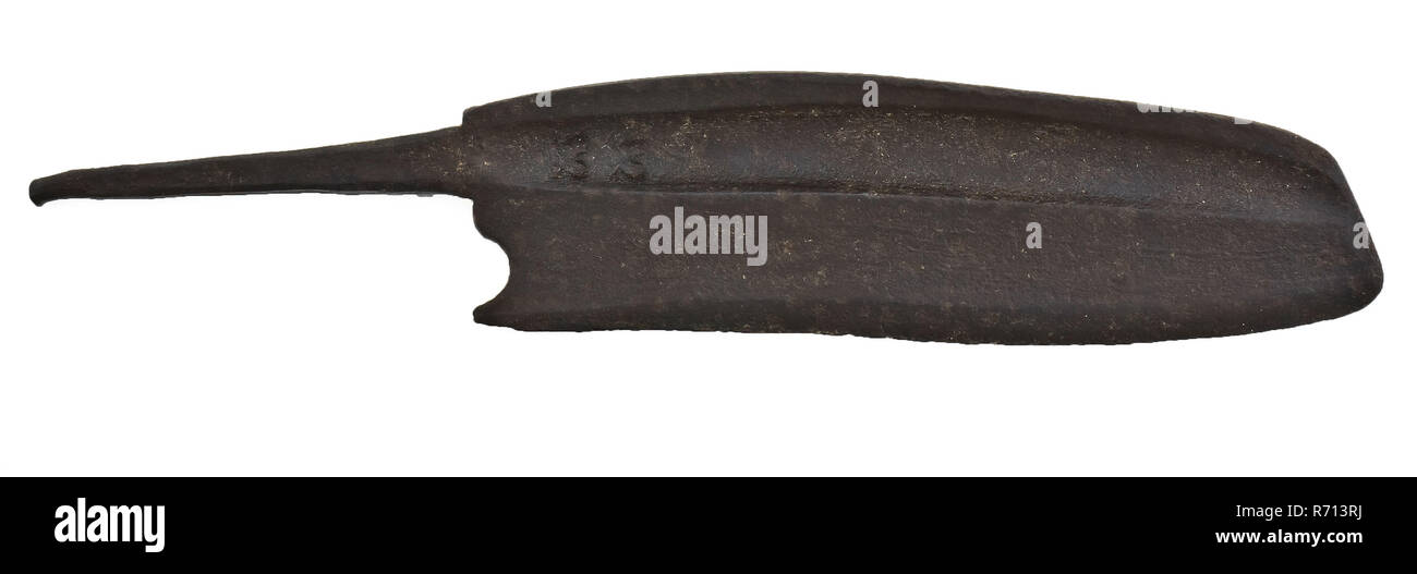 Blade of chopping knife, with flat side and side with blood channel, marked, finger recess in the heel, cleaver knife cutting tool soil finds iron metal, Debossed mark on the blade: two butterfly shapes archeology cutting chop slaughter butcher butchery veal Stock Photo
