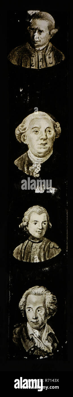 Hand-painted slide with four portraits of celebrities and or noble persons, slide slide slideshope images glass paper textiles, Hand-painted rectangular magic lantern plate with images from top to bottom. The edges are finished with white paper. Black background with four portraits of celebrities and or noble people. The record is part of series of fifteen and is accompanied by list of contents Handwritten on paper around: James Cook; Necker; Count Benyowsky; . von Kotzebu; under the loop: N-14 optics magic lantern magic lantern slide toy history education Stock Photo