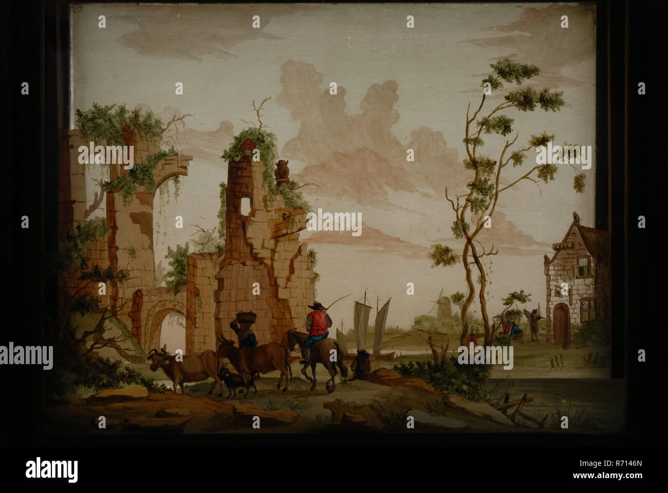 Perspective box of black lacquered wood with three painted glass plates